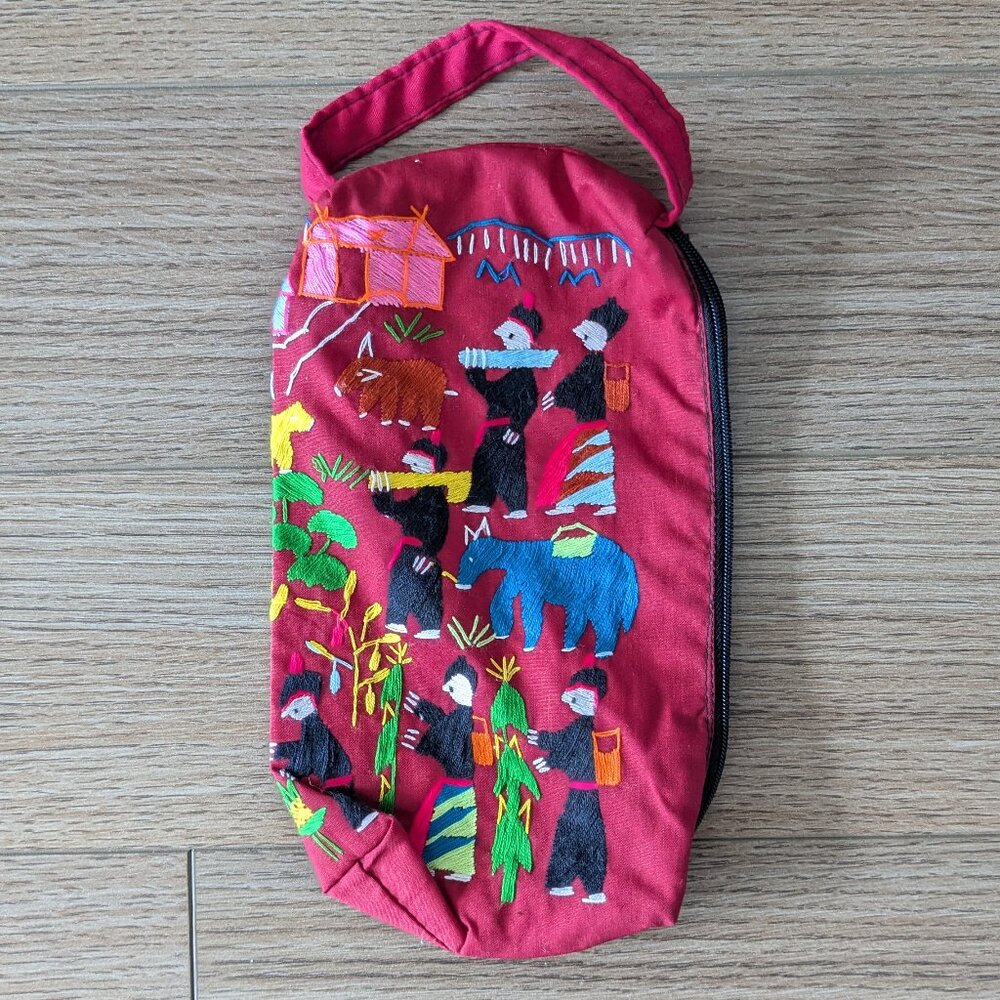 Hand embroidered Hmong northern Thailand red zip pouch with handle